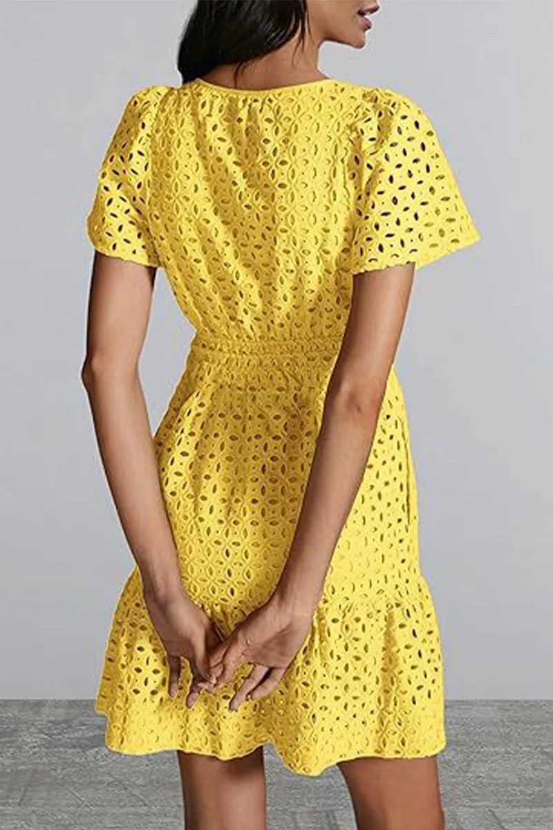 Bonnyshow Elegant Solid Lace Hollowed Out V Neck A Line Dresses