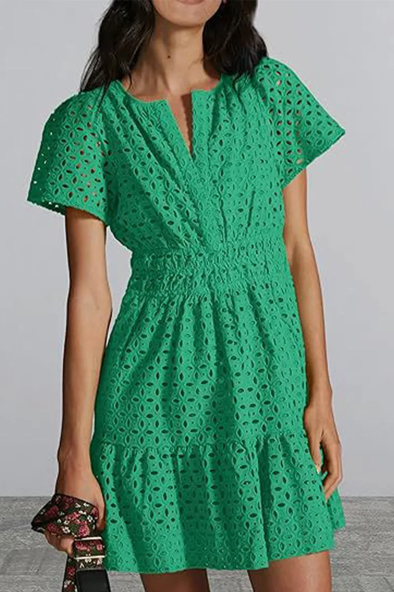 Bonnyshow Elegant Solid Lace Hollowed Out V Neck A Line Dresses
