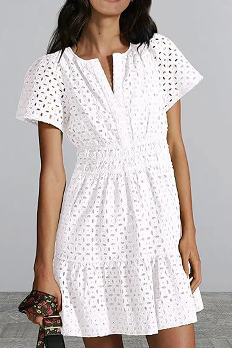 Bonnyshow Elegant Solid Lace Hollowed Out V Neck A Line Dresses