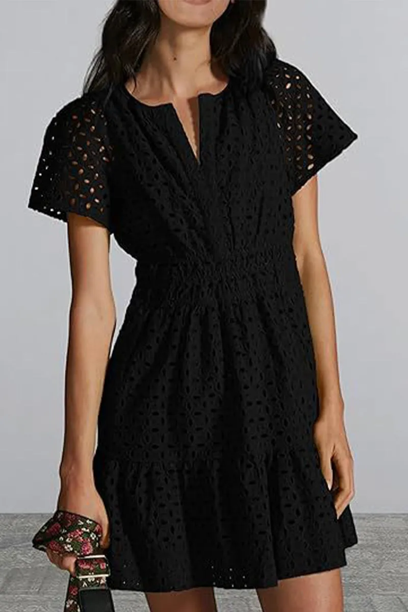 Bonnyshow Elegant Solid Lace Hollowed Out V Neck A Line Dresses