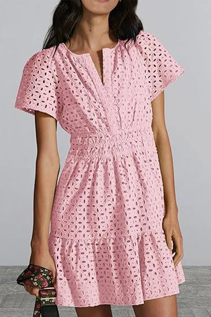 Bonnyshow Elegant Solid Lace Hollowed Out V Neck A Line Dresses
