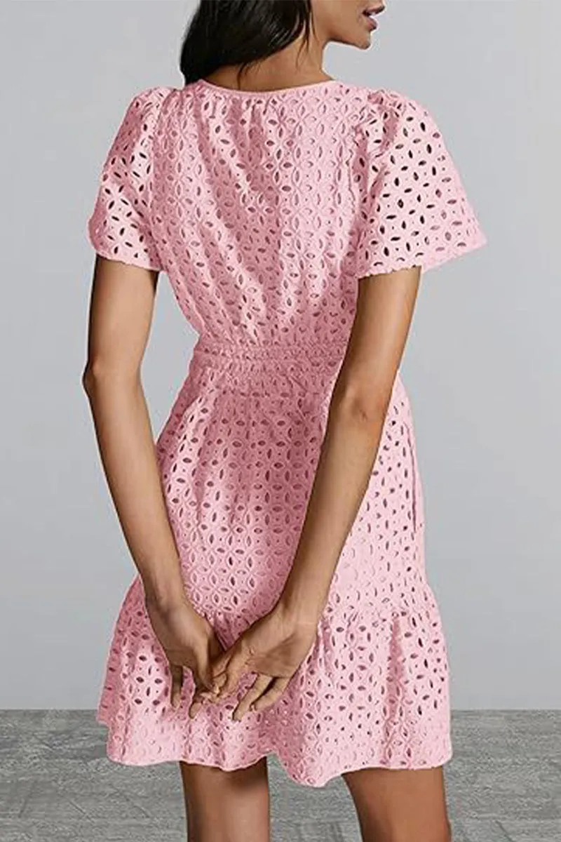 Bonnyshow Elegant Solid Lace Hollowed Out V Neck A Line Dresses