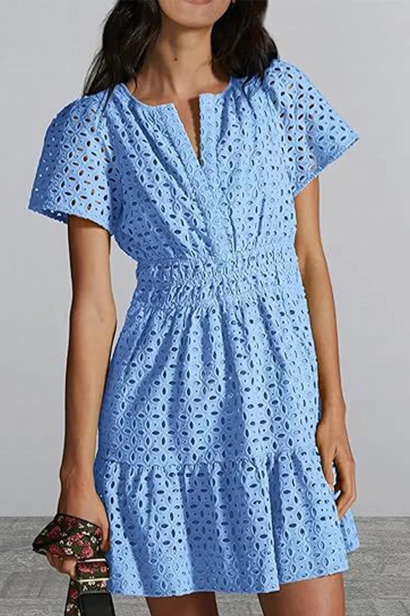 Bonnyshow Elegant Solid Lace Hollowed Out V Neck A Line Dresses