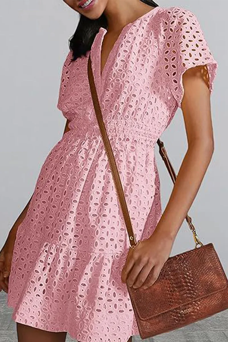 Bonnyshow Elegant Solid Lace Hollowed Out V Neck A Line Dresses