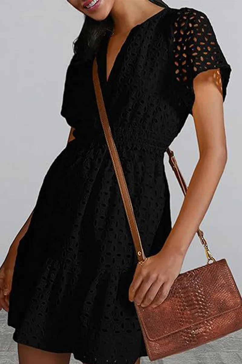 Bonnyshow Elegant Solid Lace Hollowed Out V Neck A Line Dresses