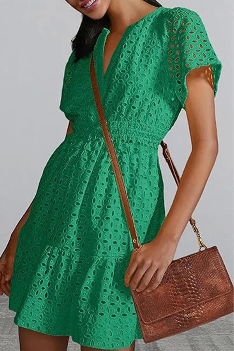 Bonnyshow Elegant Solid Lace Hollowed Out V Neck A Line Dresses