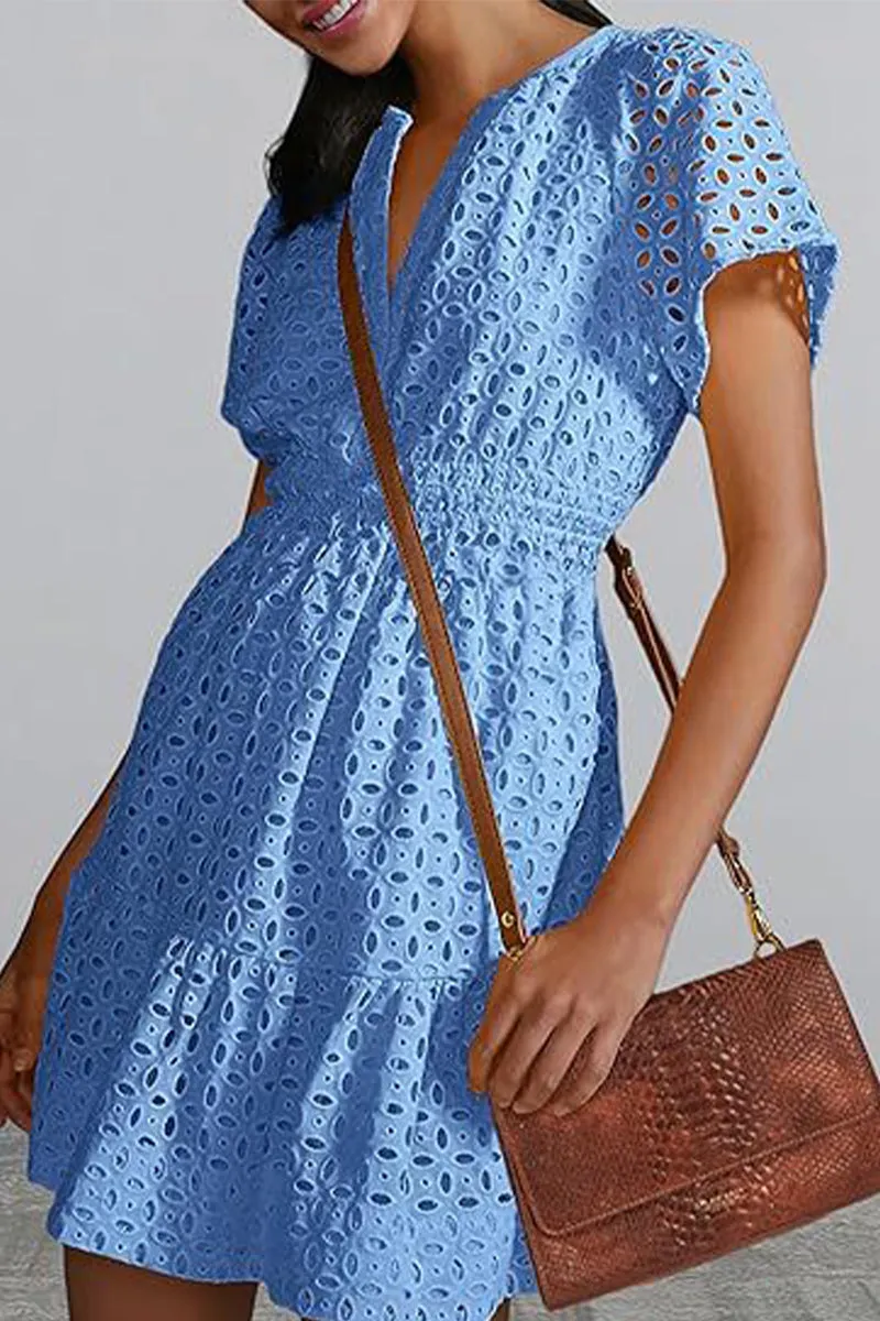 Bonnyshow Elegant Solid Lace Hollowed Out V Neck A Line Dresses