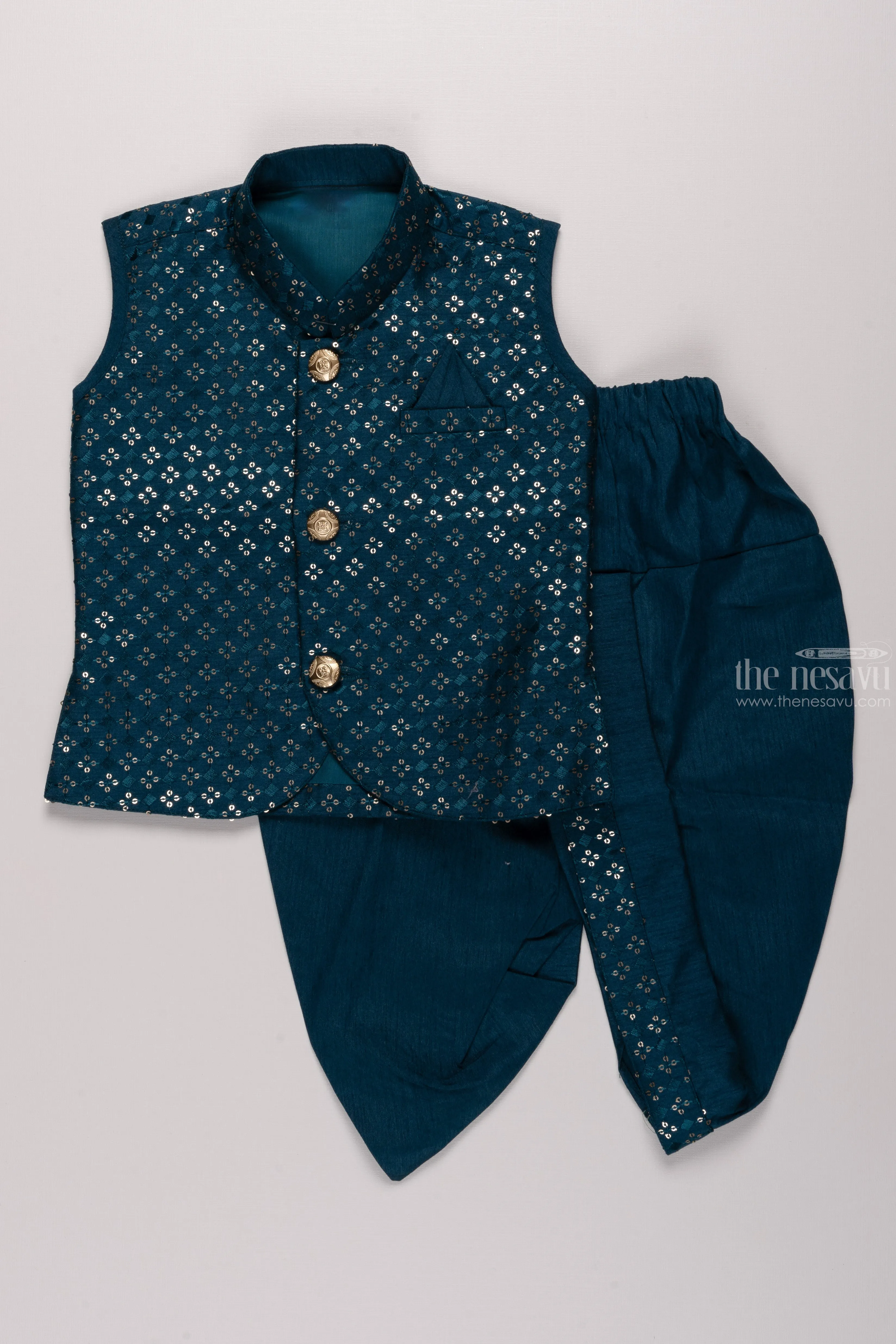 Boys Regal Blue Kurta with Sequin Embroidery & Dothi Set