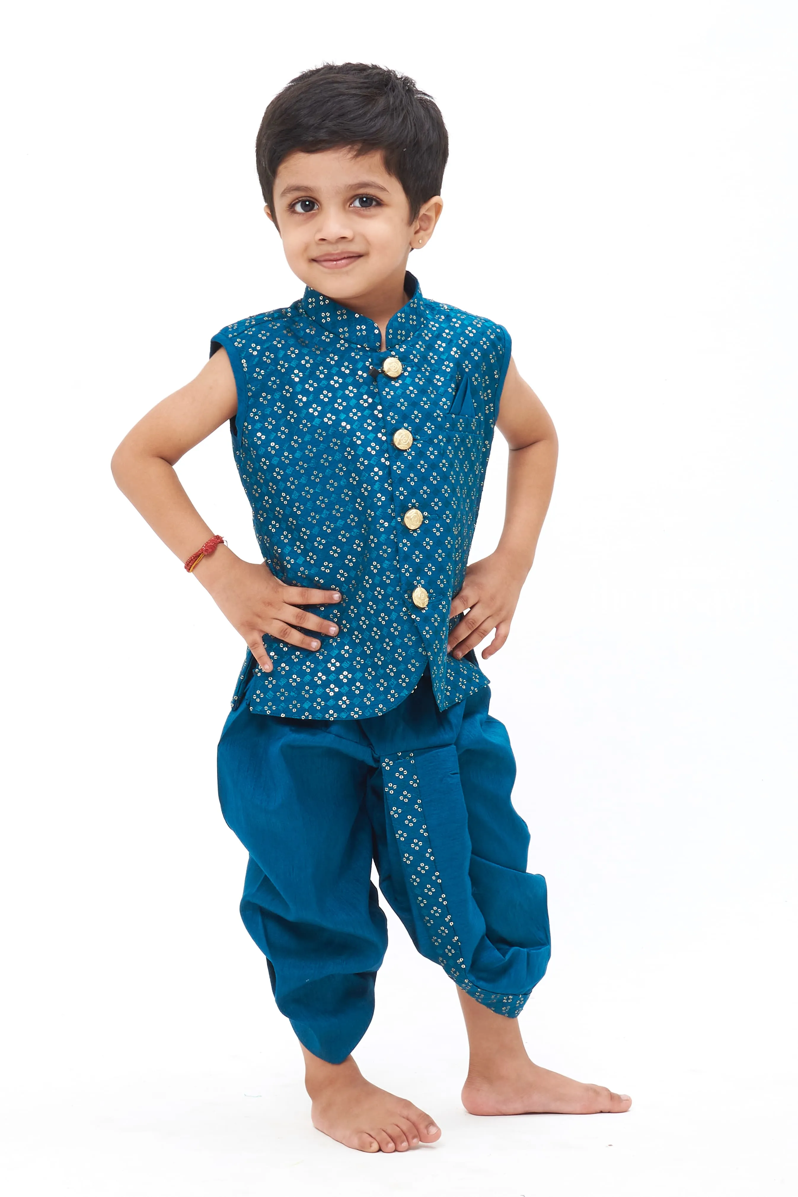Boys Regal Blue Kurta with Sequin Embroidery & Dothi Set