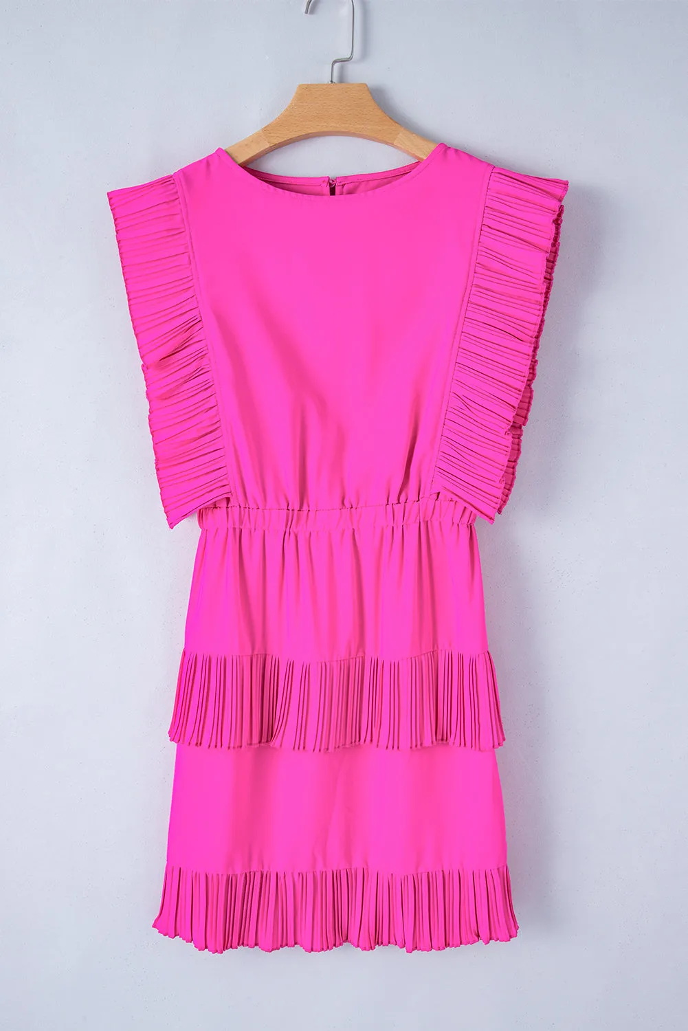 Bright Pink Pleated Layered Ruffle Sleeveless Mini Dress