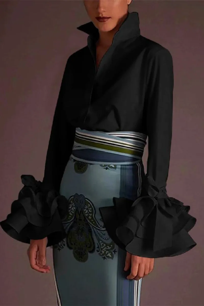 British Style Elegant Solid Buckle Turndown Collar Tops