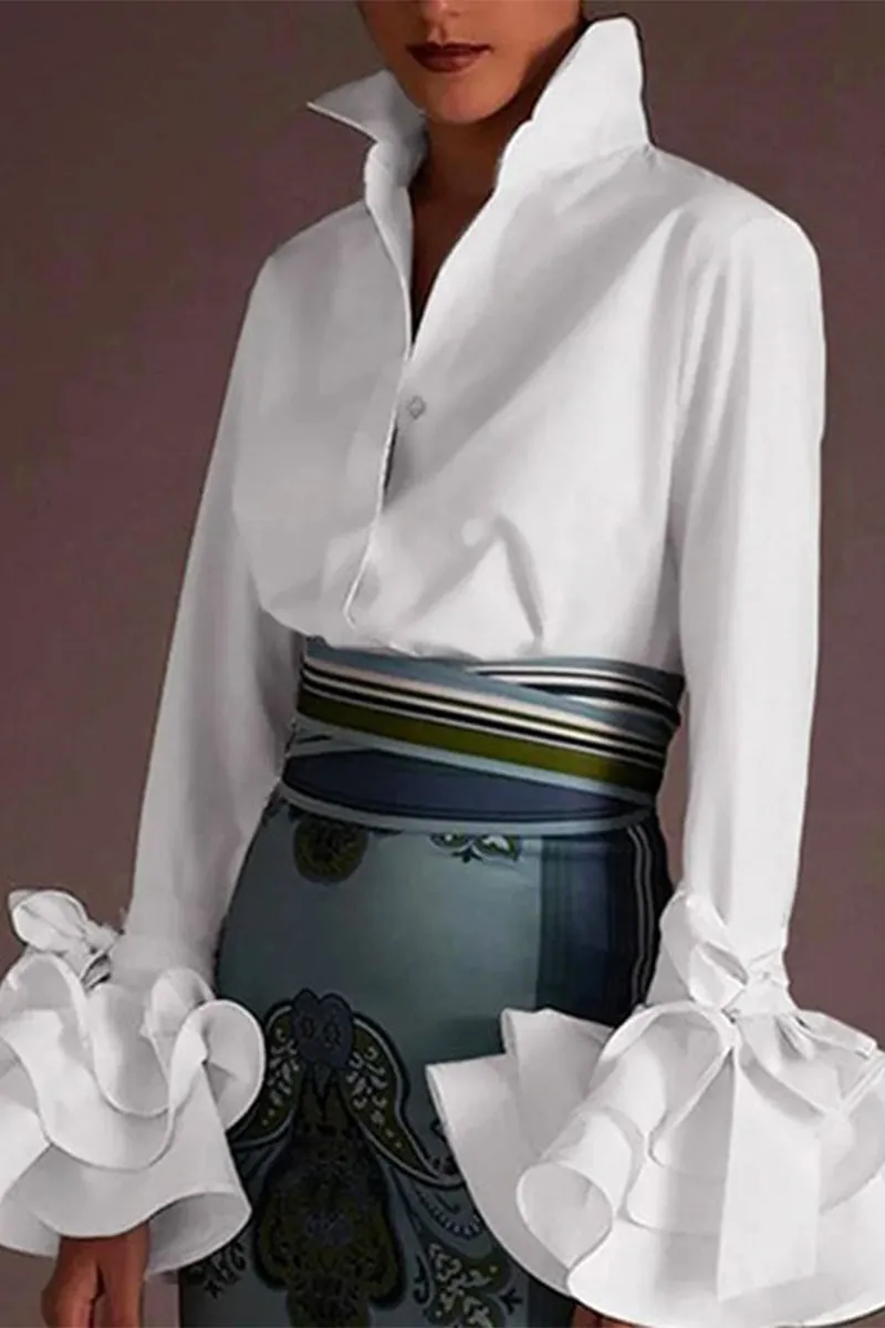 British Style Elegant Solid Buckle Turndown Collar Tops