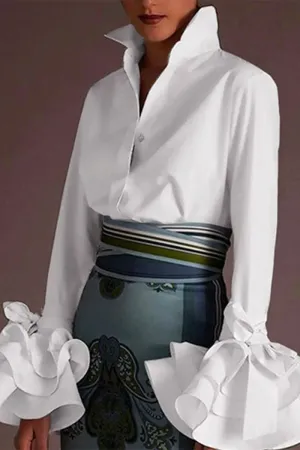 British Style Elegant Solid Buckle Turndown Collar Tops
