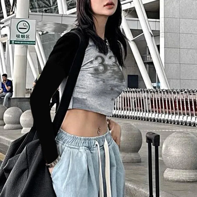 Casual Number Star Printing Bodycon Crop Top Raglan Sleeve Slim Autumn Tee Shirts Women Contrast Color Stitch Korean
