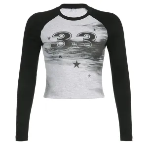 Casual Number Star Printing Bodycon Crop Top Raglan Sleeve Slim Autumn Tee Shirts Women Contrast Color Stitch Korean