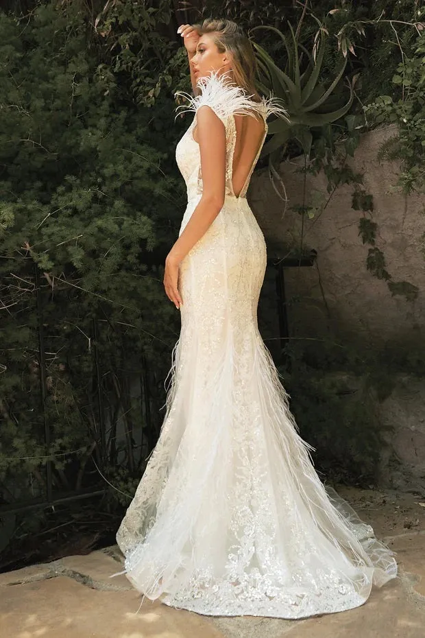 CD 57W Size 8 Off White Feather Embellished glitter mermaid Wedding Dress Bridal Gown V Neck Sheer