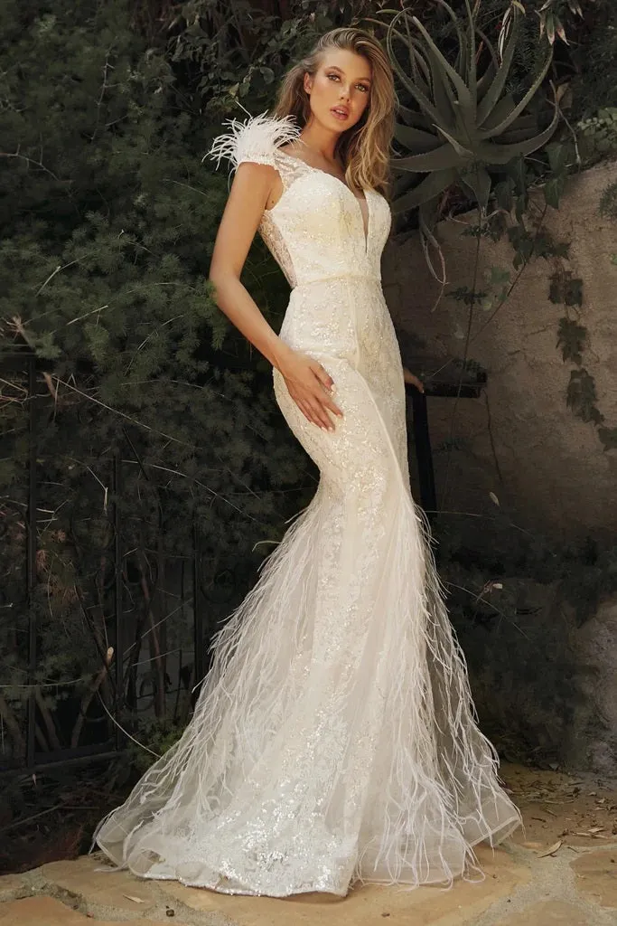 CD 57W Size 8 Off White Feather Embellished glitter mermaid Wedding Dress Bridal Gown V Neck Sheer