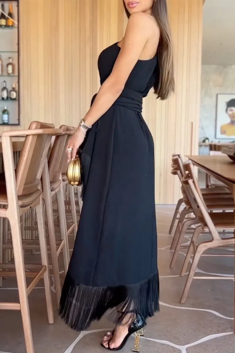 Celebrities Elegant Solid Tassel Flounce Oblique Collar Evening Dress Dresses