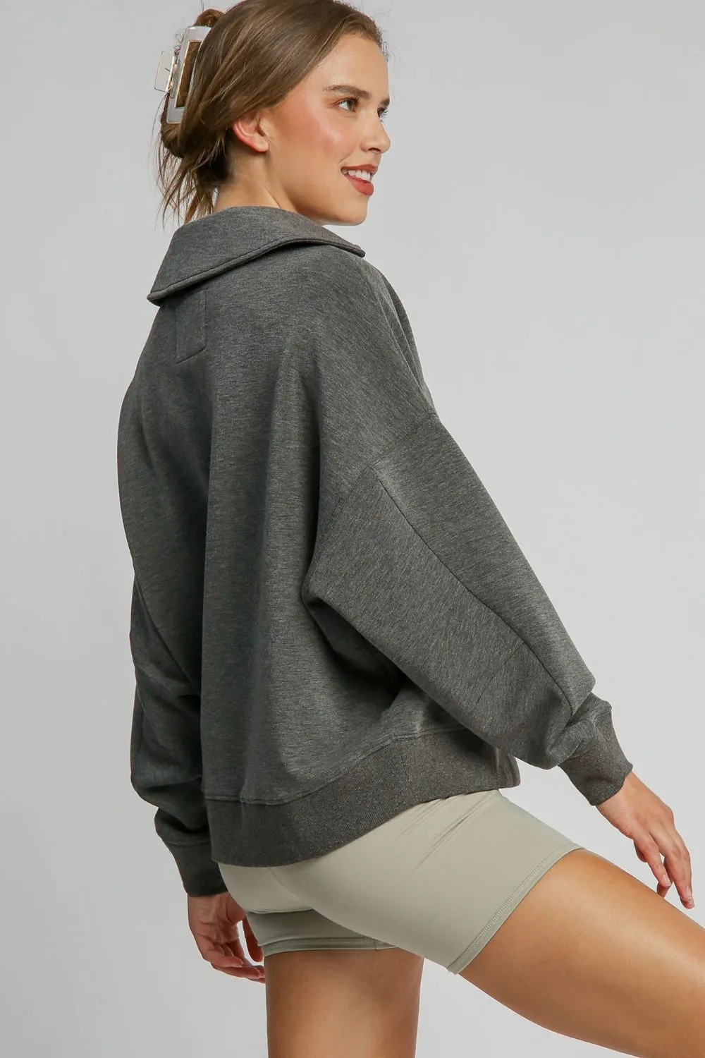 Charcoal Johnny Collar Dropped Shoulder Sweatshirt