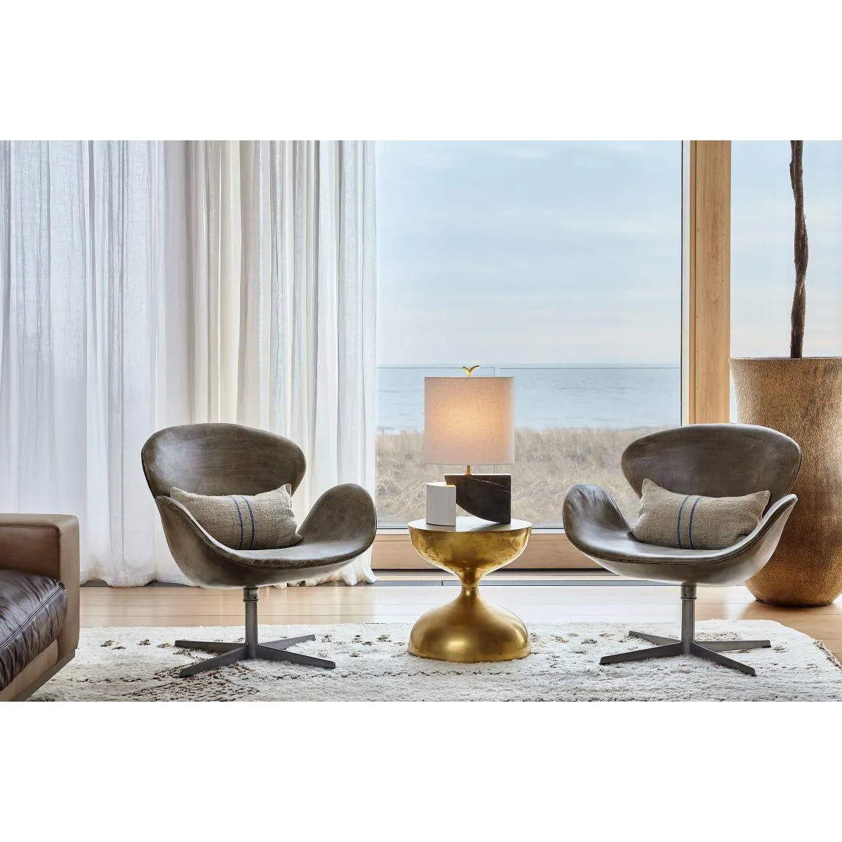 Construct Table Lamp Black and Cream Marble with Aged Brass Accents