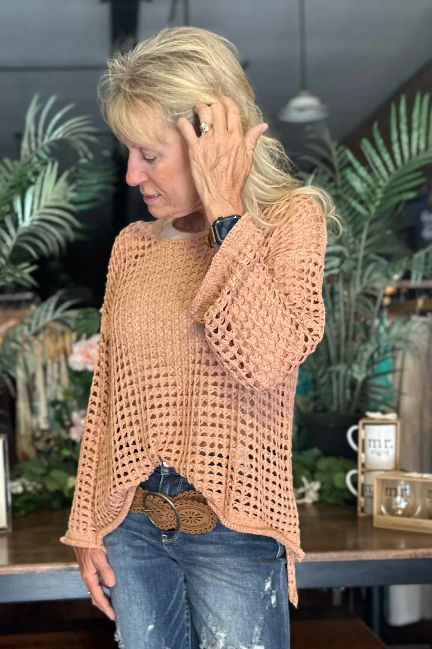 Crochet Mesh Top with Bell Sleeves by POL