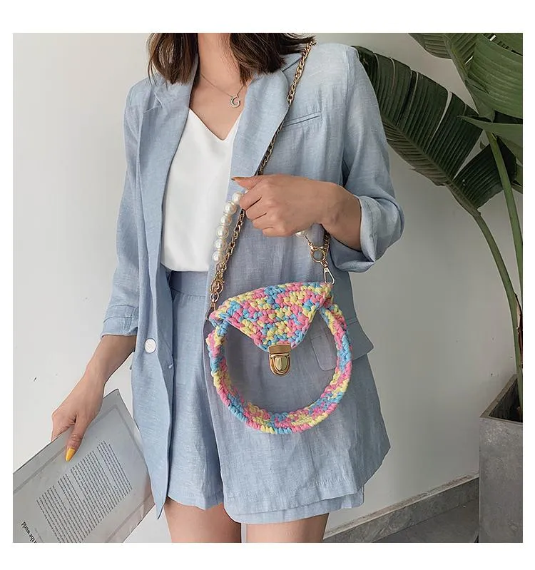 Cute Round Blue(Flap) Crochet Crossbody Purse PMMA Crochet Shoulder Round Handbag for Girl Circle Crochet Crossbody Purses