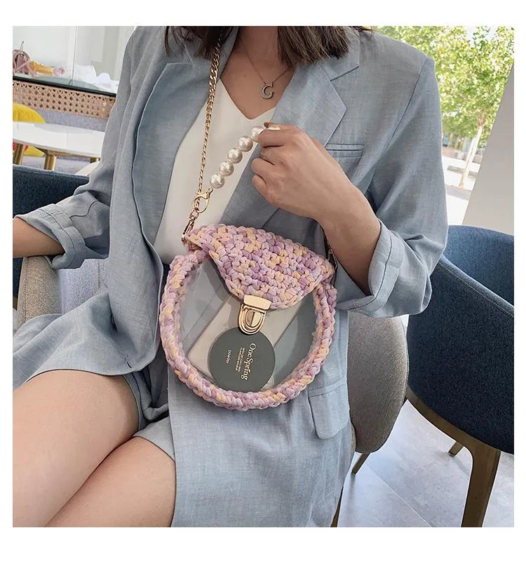 Cute Round Blue(Flap) Crochet Crossbody Purse PMMA Crochet Shoulder Round Handbag for Girl Circle Crochet Crossbody Purses
