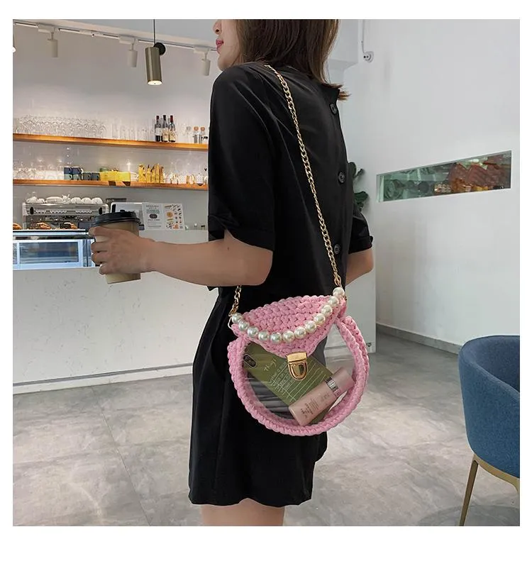 Cute Round Blue(Flap) Crochet Crossbody Purse PMMA Crochet Shoulder Round Handbag for Girl Circle Crochet Crossbody Purses