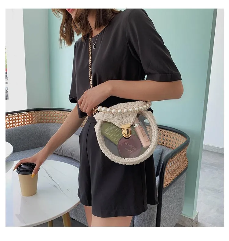 Cute Round Blue(Flap) Crochet Crossbody Purse PMMA Crochet Shoulder Round Handbag for Girl Circle Crochet Crossbody Purses