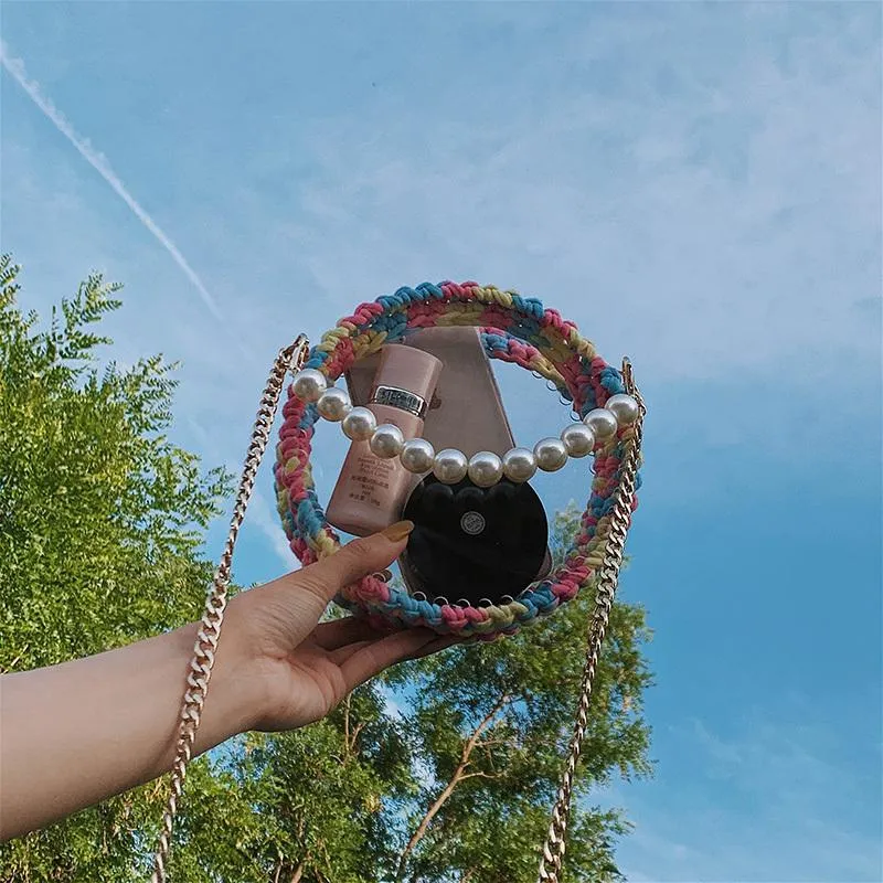 Cute Round Blue(Flap) Crochet Crossbody Purse PMMA Crochet Shoulder Round Handbag for Girl Circle Crochet Crossbody Purses