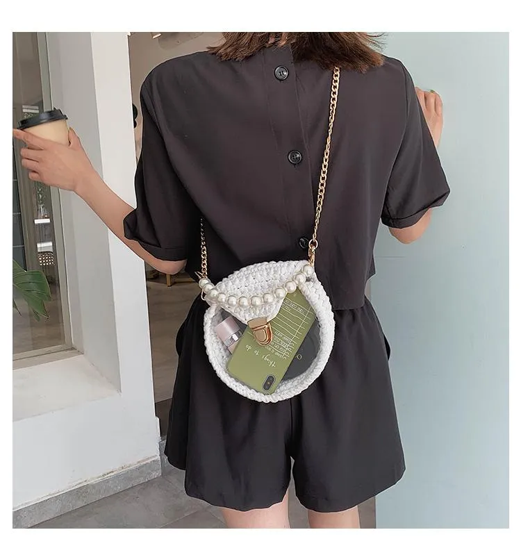 Cute Round Blue(Flap) Crochet Crossbody Purse PMMA Crochet Shoulder Round Handbag for Girl Circle Crochet Crossbody Purses