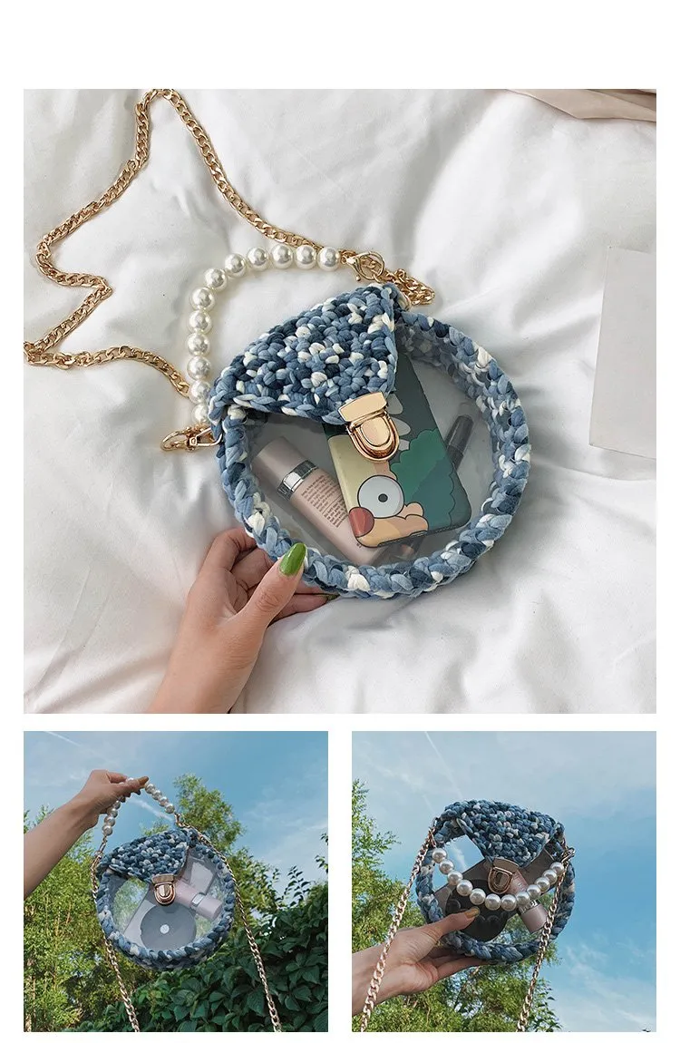 Cute Round Blue(Flap) Crochet Crossbody Purse PMMA Crochet Shoulder Round Handbag for Girl Circle Crochet Crossbody Purses