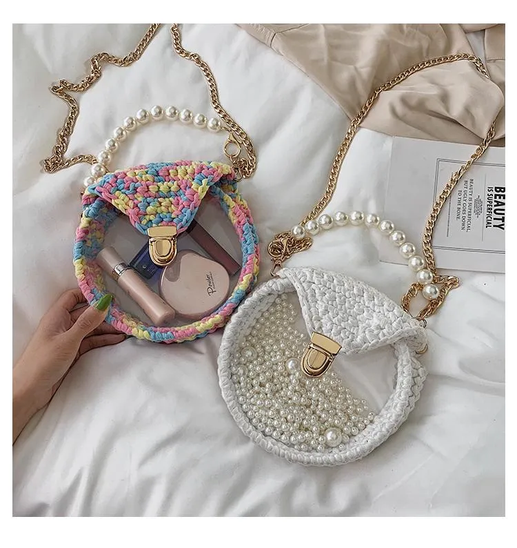Cute Round Blue(Flap) Crochet Crossbody Purse PMMA Crochet Shoulder Round Handbag for Girl Circle Crochet Crossbody Purses