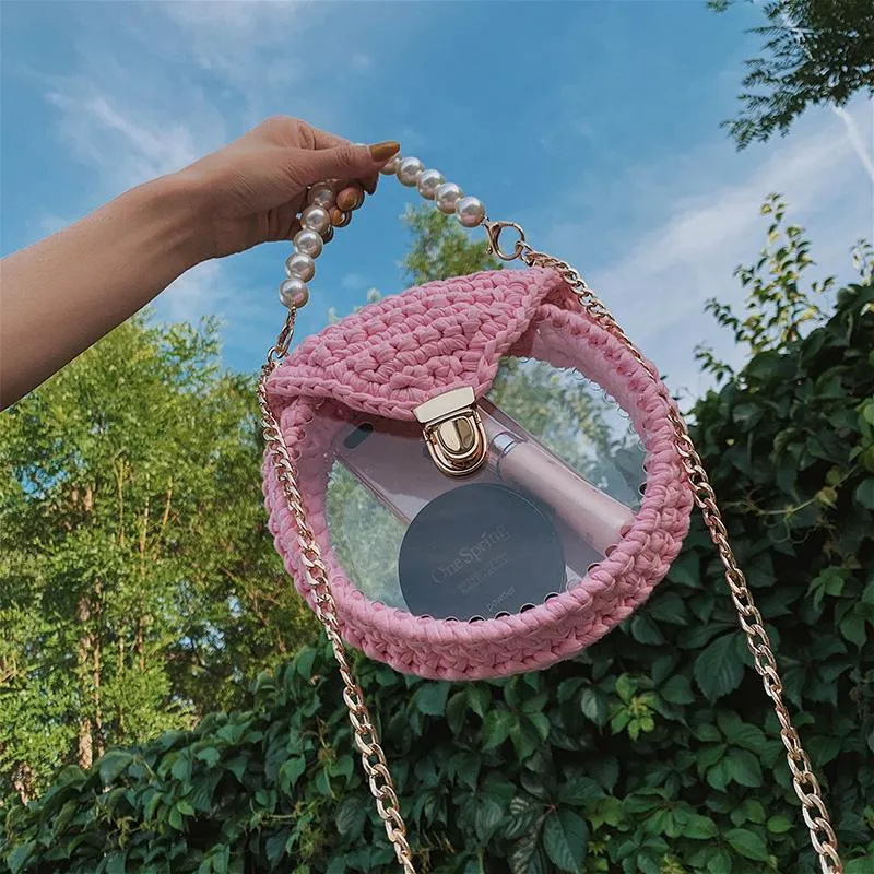 Cute Round Blue(Flap) Crochet Crossbody Purse PMMA Crochet Shoulder Round Handbag for Girl Circle Crochet Crossbody Purses