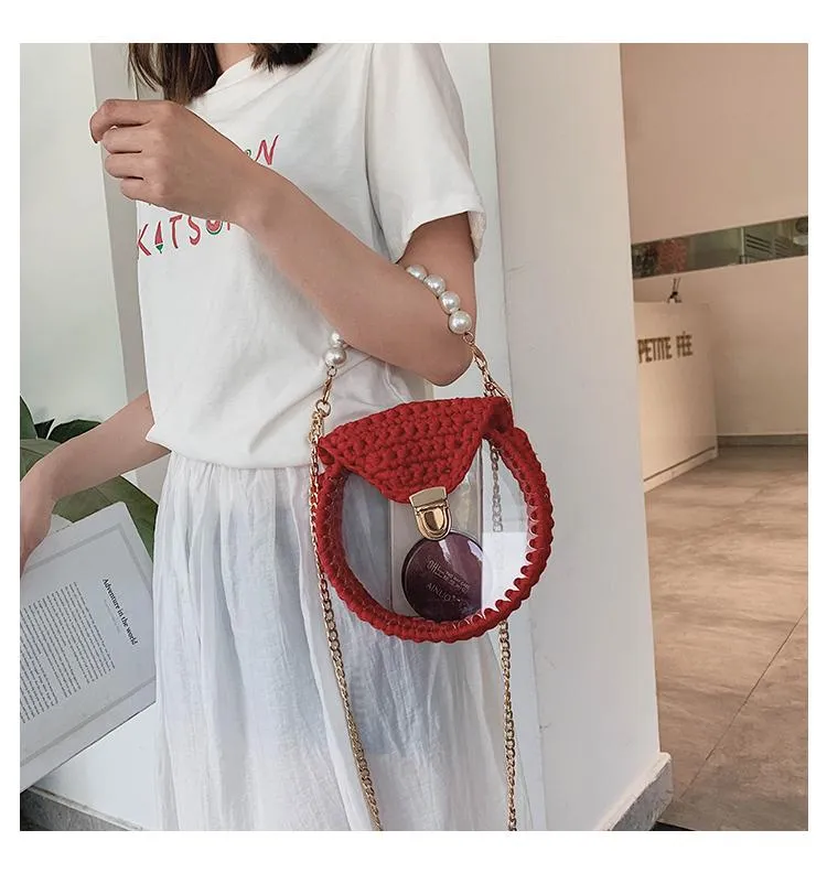 Cute Round Blue(Flap) Crochet Crossbody Purse PMMA Crochet Shoulder Round Handbag for Girl Circle Crochet Crossbody Purses
