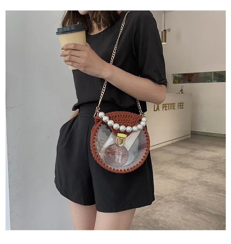 Cute Round Blue(Flap) Crochet Crossbody Purse PMMA Crochet Shoulder Round Handbag for Girl Circle Crochet Crossbody Purses