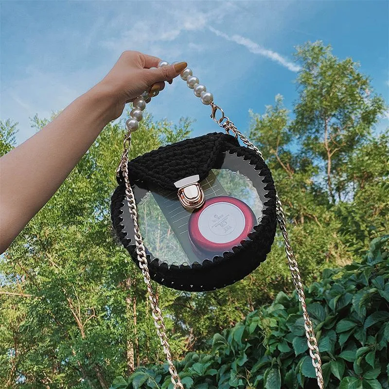 Cute Round Blue(Flap) Crochet Crossbody Purse PMMA Crochet Shoulder Round Handbag for Girl Circle Crochet Crossbody Purses