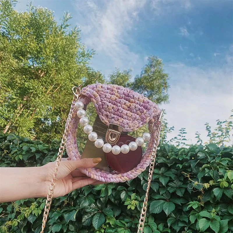 Cute Round Blue(Flap) Crochet Crossbody Purse PMMA Crochet Shoulder Round Handbag for Girl Circle Crochet Crossbody Purses