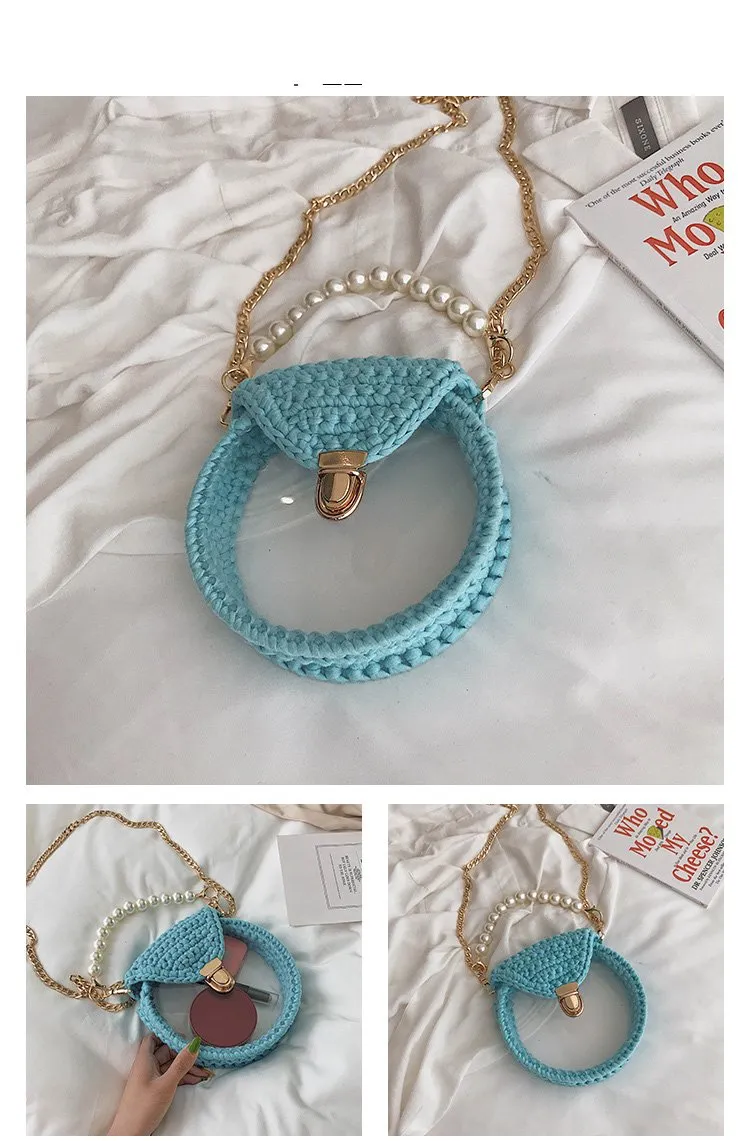 Cute Round Blue(Flap) Crochet Crossbody Purse PMMA Crochet Shoulder Round Handbag for Girl Circle Crochet Crossbody Purses