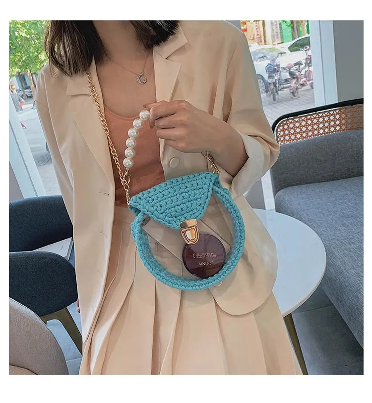 Cute Round Blue(Flap) Crochet Crossbody Purse PMMA Crochet Shoulder Round Handbag for Girl Circle Crochet Crossbody Purses