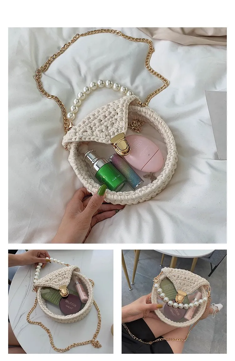 Cute Round Blue(Flap) Crochet Crossbody Purse PMMA Crochet Shoulder Round Handbag for Girl Circle Crochet Crossbody Purses