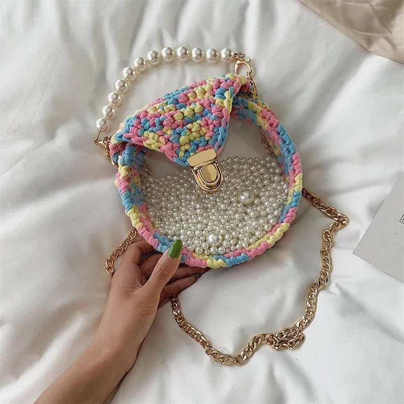 Cute Round Blue(Flap) Crochet Crossbody Purse PMMA Crochet Shoulder Round Handbag for Girl Circle Crochet Crossbody Purses