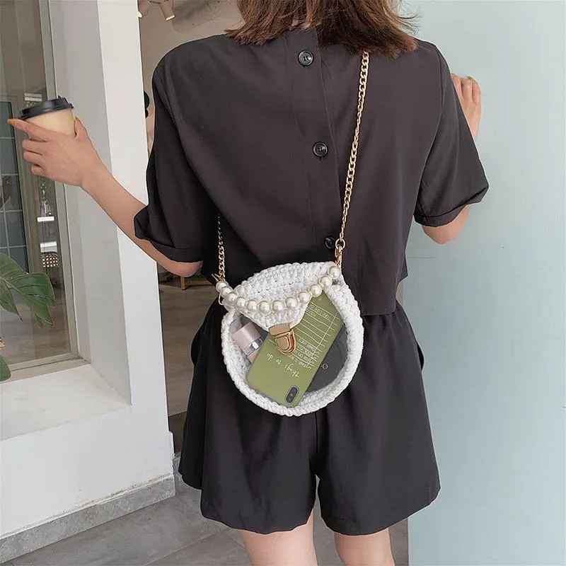 Cute Round Blue(Flap) Crochet Crossbody Purse PMMA Crochet Shoulder Round Handbag for Girl Circle Crochet Crossbody Purses