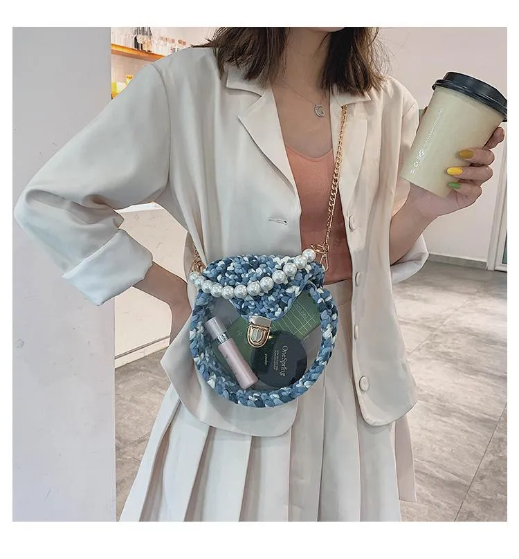 Cute Round Blue(Flap) Crochet Crossbody Purse PMMA Crochet Shoulder Round Handbag for Girl Circle Crochet Crossbody Purses