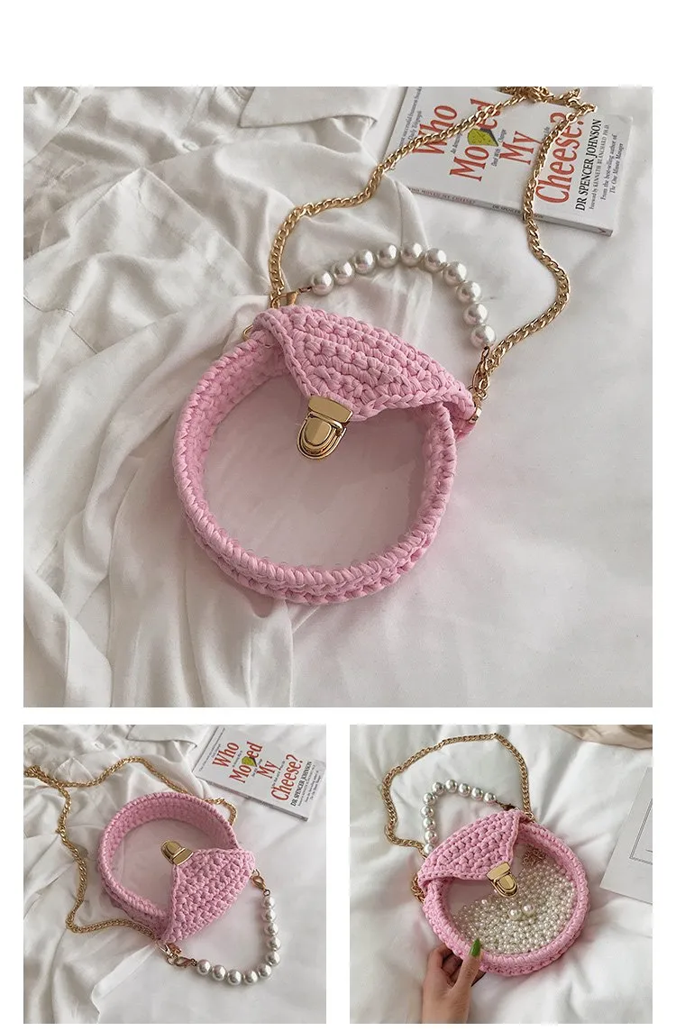 Cute Round Blue(Flap) Crochet Crossbody Purse PMMA Crochet Shoulder Round Handbag for Girl Circle Crochet Crossbody Purses