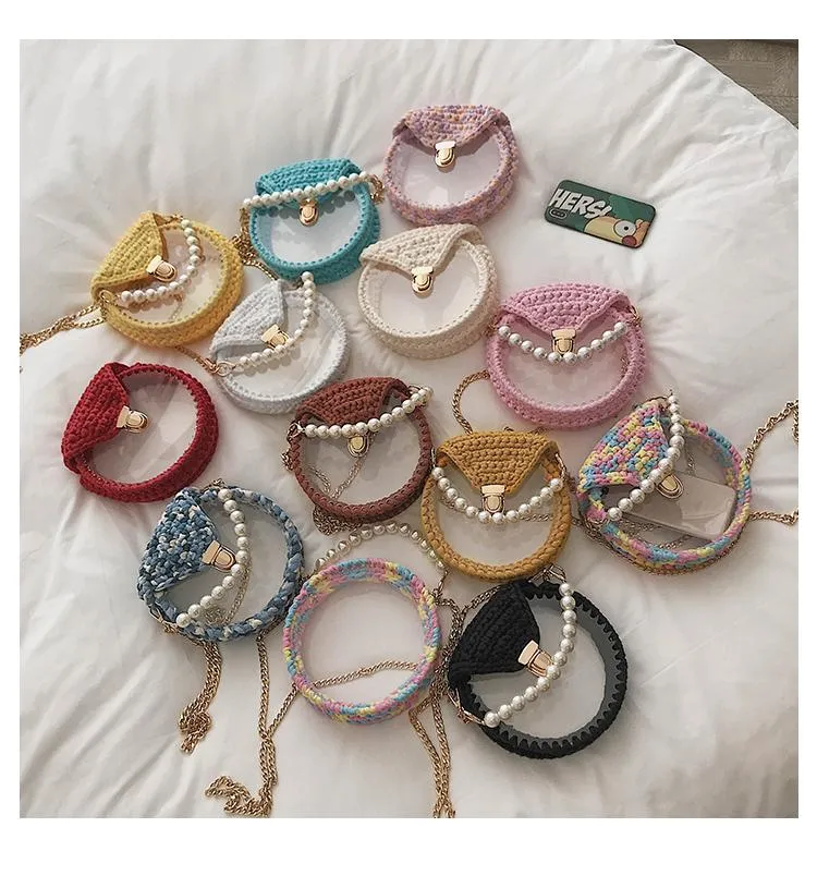 Cute Round Blue(Flap) Crochet Crossbody Purse PMMA Crochet Shoulder Round Handbag for Girl Circle Crochet Crossbody Purses