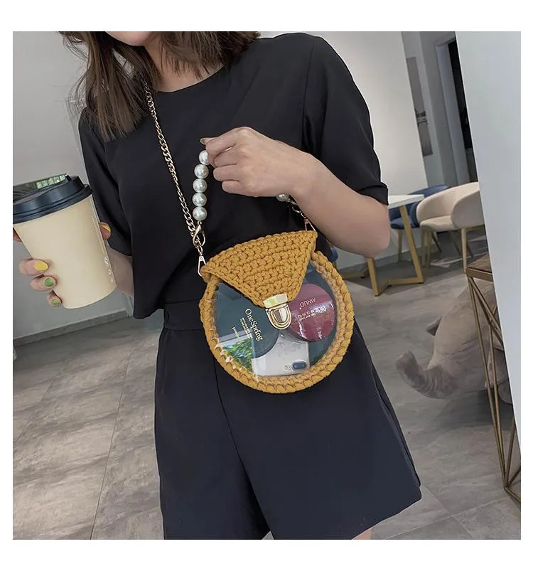 Cute Round Blue(Flap) Crochet Crossbody Purse PMMA Crochet Shoulder Round Handbag for Girl Circle Crochet Crossbody Purses