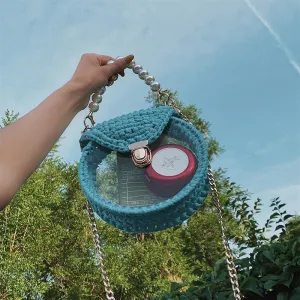Cute Round Blue(Flap) Crochet Crossbody Purse PMMA Crochet Shoulder Round Handbag for Girl Circle Crochet Crossbody Purses