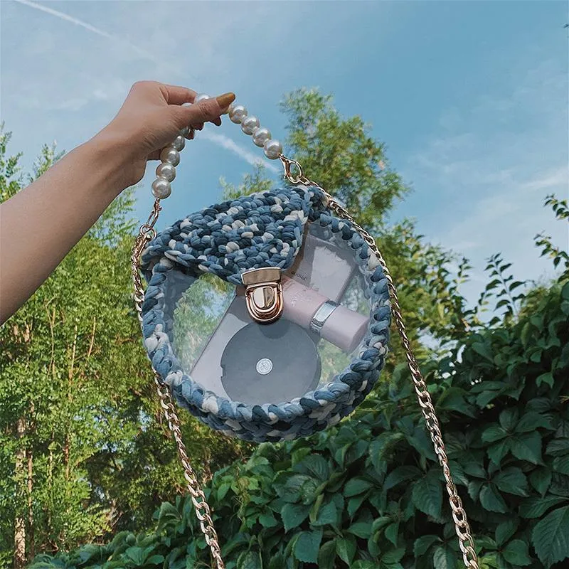 Cute Round Blue(Flap) Crochet Crossbody Purse PMMA Crochet Shoulder Round Handbag for Girl Circle Crochet Crossbody Purses