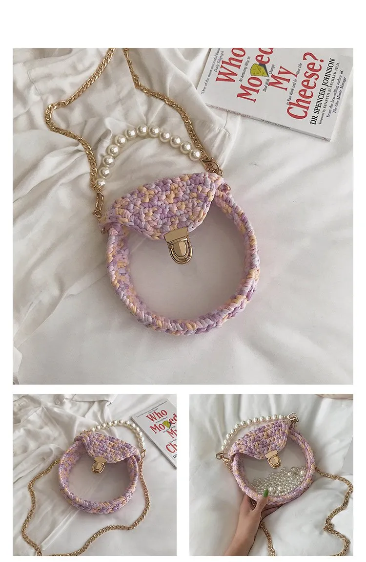Cute Round Blue(Flap) Crochet Crossbody Purse PMMA Crochet Shoulder Round Handbag for Girl Circle Crochet Crossbody Purses